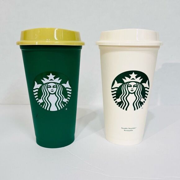 Two Starbucks Cups  One White Mermaid Logo  One Green Sac State   EUC - Picture 1 of 7